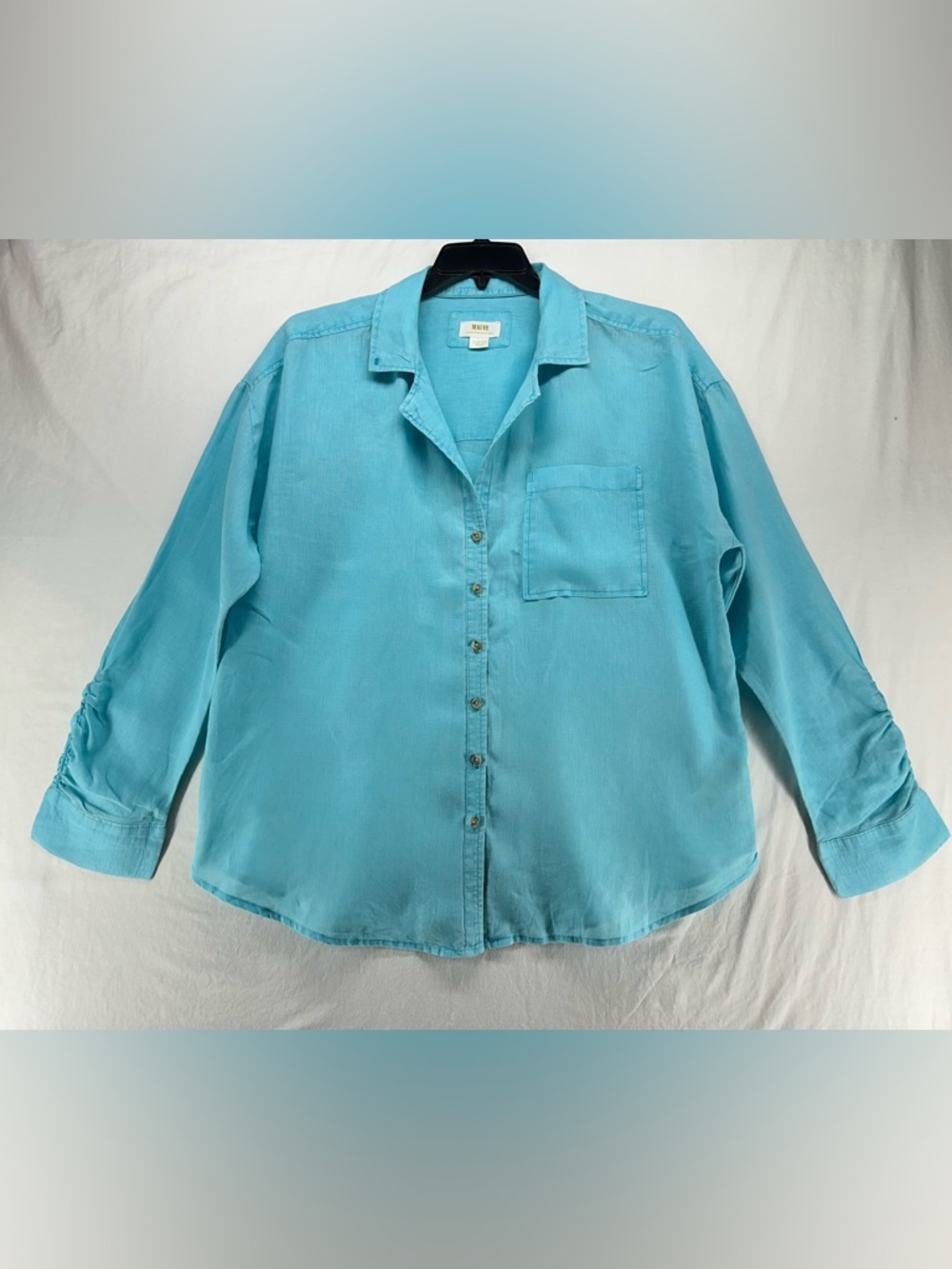 Maeve Anthropologie 100% Linen Ruched Sleeves Blouse Blue Button Down XL - Picture 2 of 10